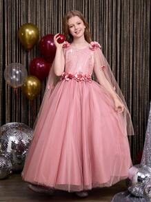 SHEIN 2024 New Design Tween Girl Princess Dress, Child Flower Girl Wedding Gown, Tween Girl Formal Occasion Puffy Tulle Ball Gown, Suitable For Halloween, Christmas, Easter And Other Holidays