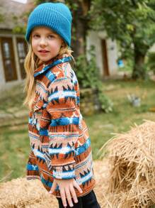 SHEIN Young Girl Retro Pattern Fleece Long Sleeve Cardigan Jacket With Pockets, Brown, Winter