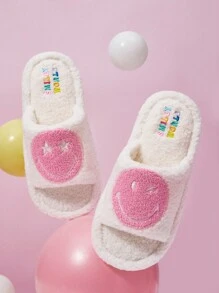 SmileyWorld® | SHEIN Cartoon Face And Letter Pattern Open Toe Plush Slippers For Women Fall