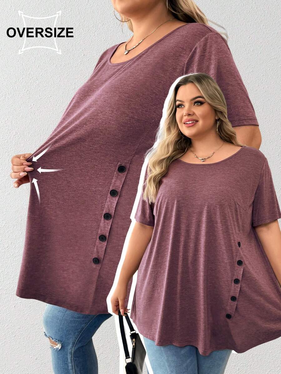 SHEIN CURVE+ 大码纽扣细节不对称下摆 T 恤 - 乾枯玫瑰色 - 查看 1