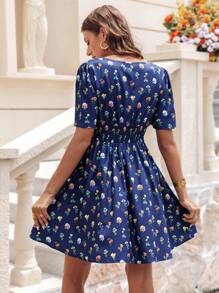 SHEIN VCAY Women's Floral Print V-Neck Ruffle Short Sleeve Casual Dress - Royal Blue - View 2