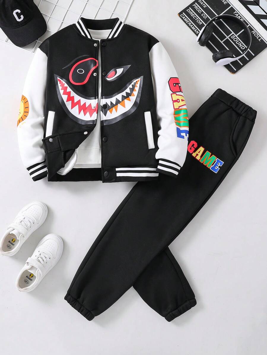 2 piezas Conjunto de chaqueta y pantalones impresos para niños preadolescentes, otoño/invierno - Negro - Ver 1