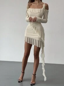 Aloruh 女士露肩荷叶边不对称下摆系带肩部优雅连衣裙 - 杏色 - 查看 5