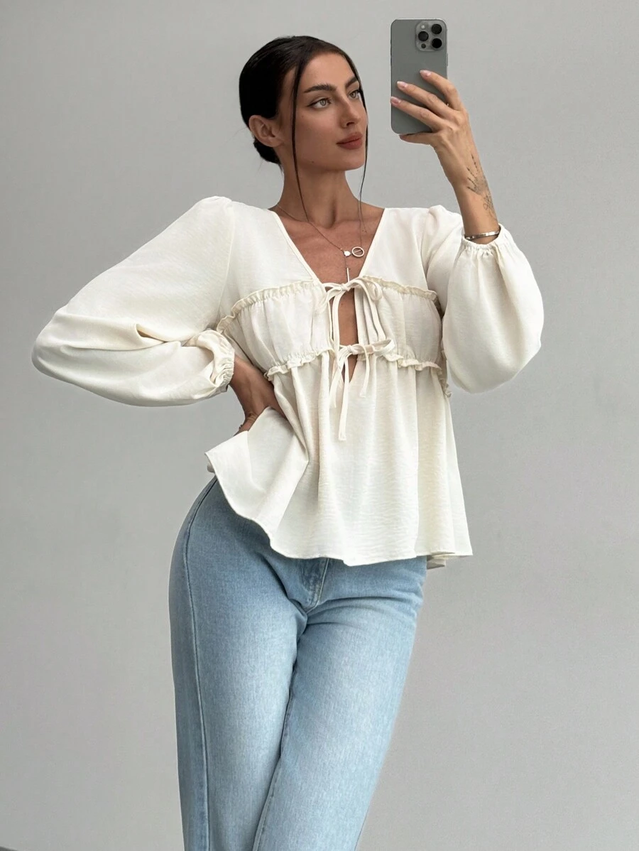 Aloruh Romantic Date V-Neck Tie-Up Ruched Flare Sleeve Loose Blouse For Women,Long Sleeve Tops