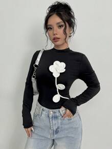 Firerie Women's Elegant Vintage Style Floral 3D Print Long Sleeve Slim Fit T-Shirt - Black - View 4