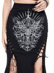 ROMWE Goth Minifalda ajustada de mujer con abertura alta, con estampado de cruz, adornada con rhinestones y cordones - Negro - Ver 3