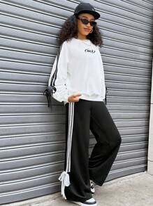 SHEIN Girlism 2pcs/Set Teen Girls Contrast Color Ribbon Bow Sweatshirt And Pants Casual Sporty Campus Style Outfit, Autumn