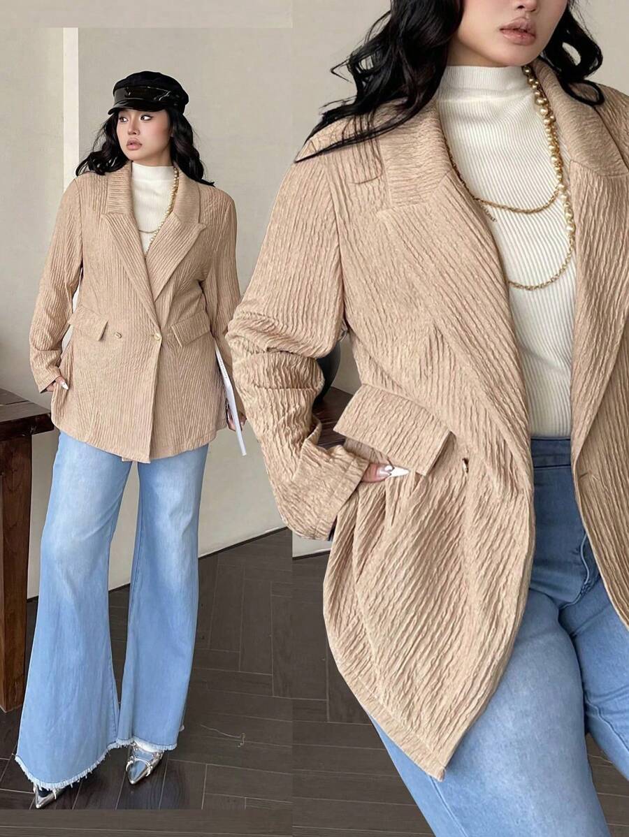 SHEIN Clasi Blazer de rayas con textura a la moda, con cuello de solapa, manga larga y bolsillo, talla grande - Albaricoque - Ver 1