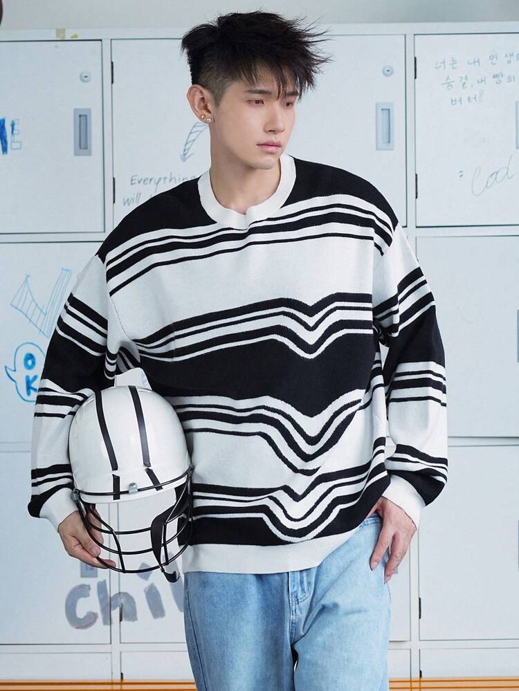 Men Casual Striped Printed Long Sleeve Knit Sweater, Fall
