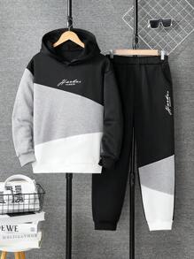 SHEIN Bộ 2 món/Bộ áo nỉ trùm đầu thường ngày cho bé trai tuổi teen và quần thể thao, dành cho mùa xuân và mùa thu - Nhiều màu - Xem 1