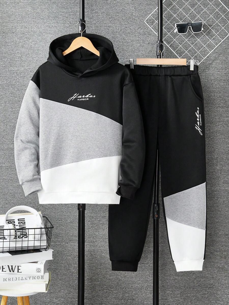 SHEIN Bộ 2 món/Bộ áo nỉ trùm đầu thường ngày cho bé trai tuổi teen và quần thể thao, dành cho mùa xuân và mùa thu - Nhiều màu - Xem 1