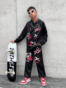 Tween Boy 街头涂鸦熊黑色连帽衫黑色涂鸦和慢跑裤两件套男童秋装
