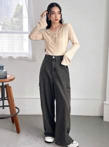 FRIFUL 女式纯色系领长袖罗纹休闲宽松 T 恤，春夏 - 杏色 - 查看 2