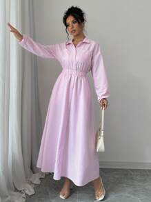 Elenzga Vestido camisa con botones y cuello polo a rayas elegante para mujer, una nueva colección de primavera/otoño. Adecuado para fiestas de Navidad, Año Nuevo y las cuatro estaciones. Apropiado para ocasiones casuales como té de la tarde, fiestas, Acción de Gracias, vuelta al colegio, festivales de música country, casual de negocios, trajes de fiesta, citas, cumpleaños, brunch, estilo occidental, casual de negocios y ropa de mujer de otoño. - Rosa - Ver 3