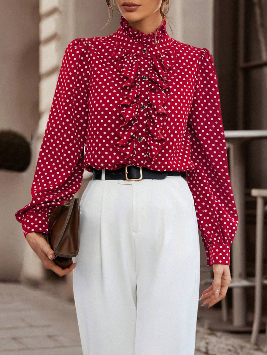 Chiquease Women's Spring Autumn Polka Dot Print Mix Ruffle Trim Elegant Long Sleeve Blouse Fall Cloth For Women - Burgundy - View 1