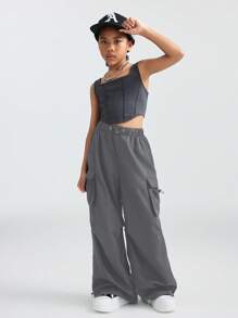 SHEIN Tween Girls Clothes Black Pants Back To School Frist Day Of School Clothes Clothes Mommy And Me Kpop Y2k Wide Leg Checkered Cargo Pants Football/Volleyball Halloween Costume Christmas Sweatpants Spring/Fall/Winter