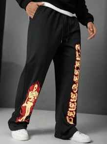 Manfinity LEGND 大码男士休闲系带字母印花直筒裤