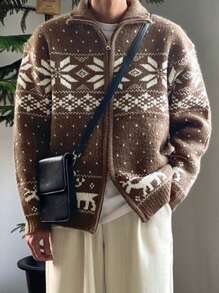 DAZY Men's Geometric Printed Zip-Up Jacquard Knit Cardigan, Autumn Jacket Christmas,New Year - Brown - View 6