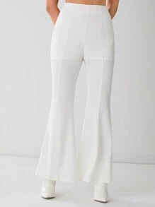 Enchnt 女士纯色高腰喇叭腿优雅长裤，采用牙签条纹设计 - 白色 - 查看 6