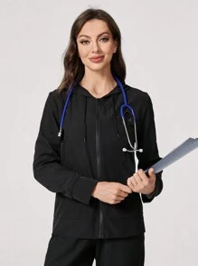 TaskEZ Top de uniforme médico con cremallera frontal de manga larga y capucha minimalista, pantalón informal de bolsillo doble, conjunto de enfermera, top de cuello redondo de uniforme médico, uniforme deportivo casual simple para limpieza