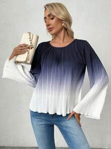 Allurite Women's Elegant Ombre Pleated Flare Sleeve Blouse, Spring Autumn