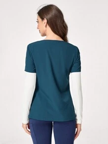 TaskEZ Color Block V-Neck Pocket Long Sleeve Healthcare Worker Scrub Uniform Top - Blue - View 2