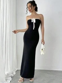 Chiquease Robe pull longue ajustée et élégante sans manches avec lien à l'avant pour femmes, pour l'été - Noir - Voir 1