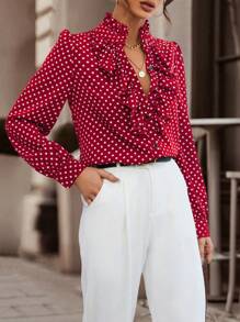 Chiquease Women's Spring Autumn Polka Dot Print Mix Ruffle Trim Elegant Long Sleeve Blouse Fall Cloth For Women - Burgundy - View 3