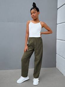 SHEIN Ensemble 3 pièces pour jeune fille avec chemise à manches courtes tressée de couleur unie, pantalon à jambe droite et camisole, style casual