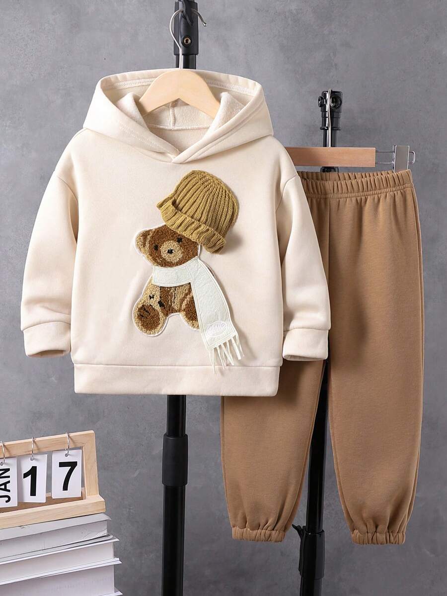 SHEIN 年轻男孩休闲熊印花长袖连帽衫 - 灰色 - 查看 1