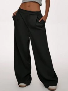 Forever 21 Women's Casual Loose Low-Waisted Solid Color Suit Pants - Black - View 8