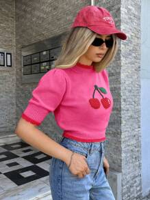 Forever 21 Thu & Đông cho nữ màu vàng và đỏ đan họa tiết quả anh đào/Halloween/Giáng sinh/Cổ lọi/Dễ thương/Trang phục độc thân/Cổ điển/Những thứ cần thiết/Cổ tròn/Trở lại trường/Về trường/Tương phản màu sắc/Bình thường/Tay ngắn/Cơ bản/Tay bồng/Áo len - Hồng - Xem 4