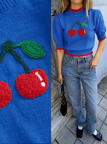 Forever 21 Jesień i zima Kobiety Żółty i czerwony dzianinowy wiśniowy graficzny/Halloween/Boże Narodzenie/Golf/Uroczy/Stroje panieńskie/Vintage/Podstawowe/Okrągły dekolt/Powrót do szkoły/Powrót do domu/Kontrast kolorów/Swobodny/Krótkie rękawy/Podstawowy/Rękawy bufiaste/Sweter