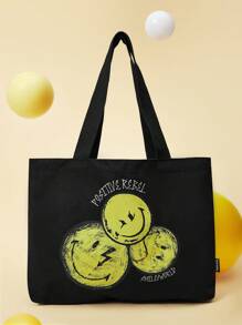 SmileyWorld® | SHEIN Túi tote nữ in chữ và biểu cảm hoạt hình ngộ nghĩnh - màu đen - Xem 2