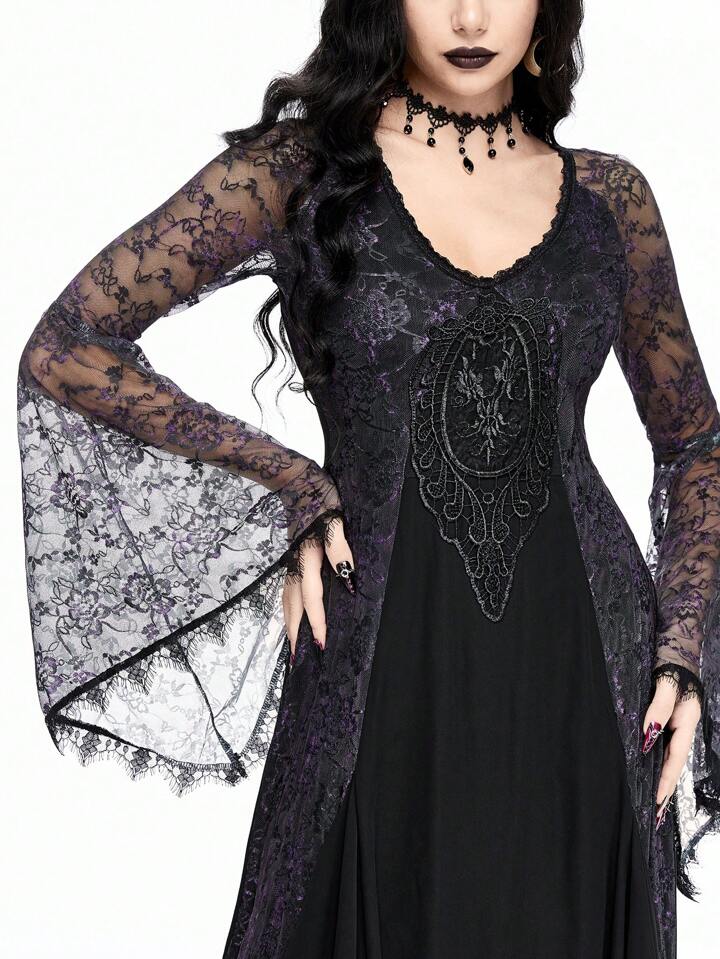 Our Gothic Lace Print Empire Waist Dress For Halloween is such a vibe -  ROMWE
