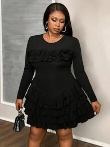 Slaydiva Plus Size Solid Color Knit Ruffle Trim Elegant Dress