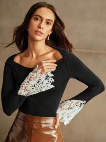 Anewsta Women's French Style Black Long Sleeve Knit Slim Fit Casual T-Shirt