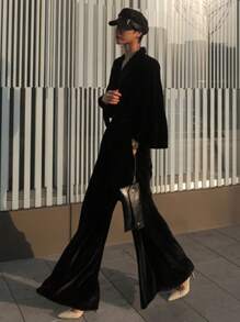 DAZY Women's Solid Color Lapel Collar Long Sleeve Elegant Velvet Wide Leg Jumpsuit,Back To School Clothes