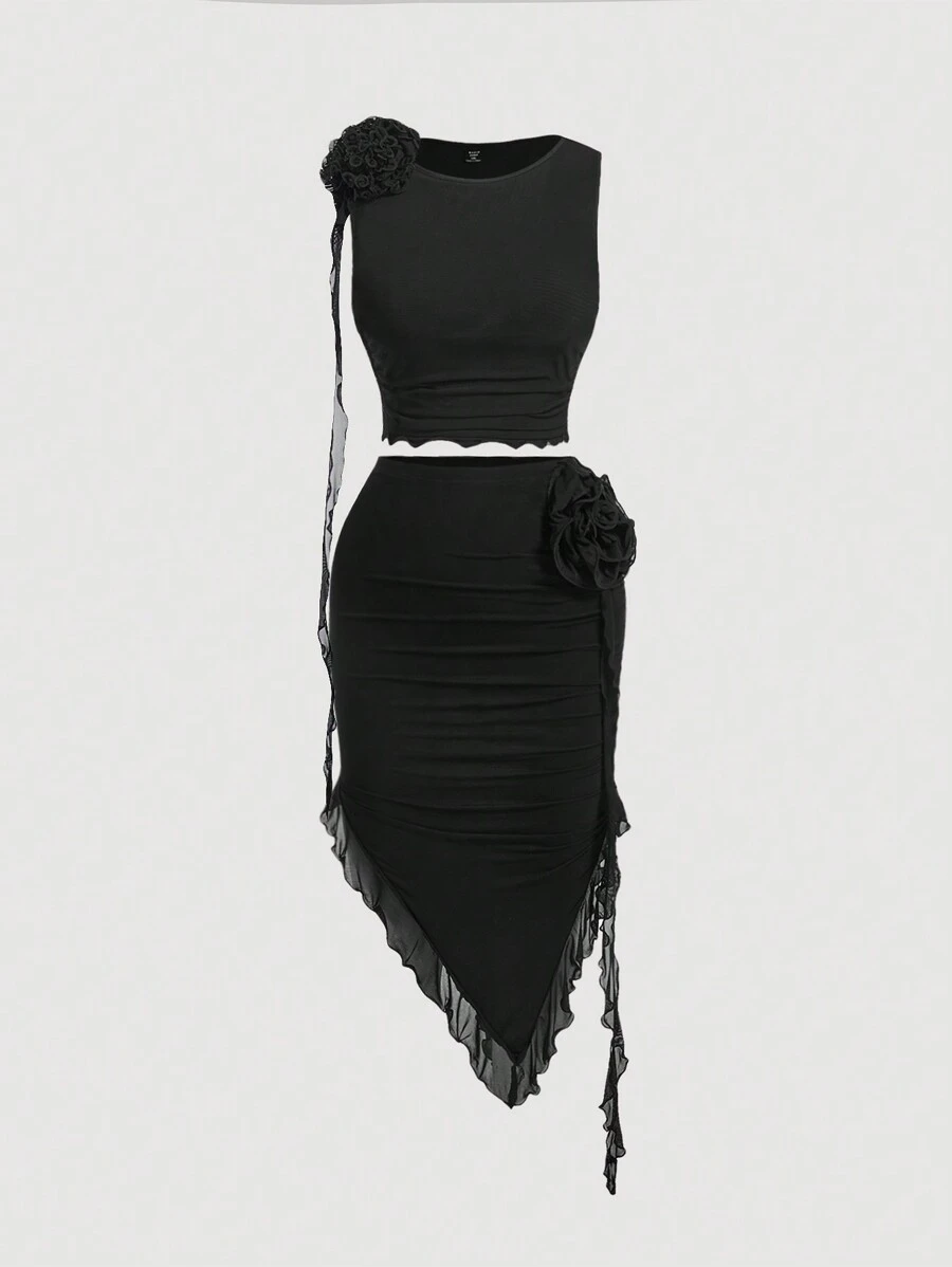 SHEIN MOD مجموعة تنورة ضيقة الجسم ذات الحافة غير متماثلة مع الأعلى المزود بطبعة زهرية ثلاثية الأبعاد أنيقة وعاطفية لحجم كبير - الأسود - مشاهدة 1