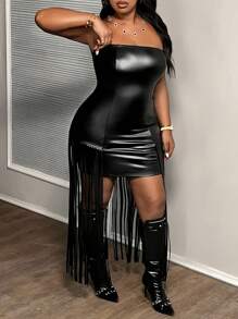 Slaydiva Plus Size Women's Black PU Bandeau Fringe Dress