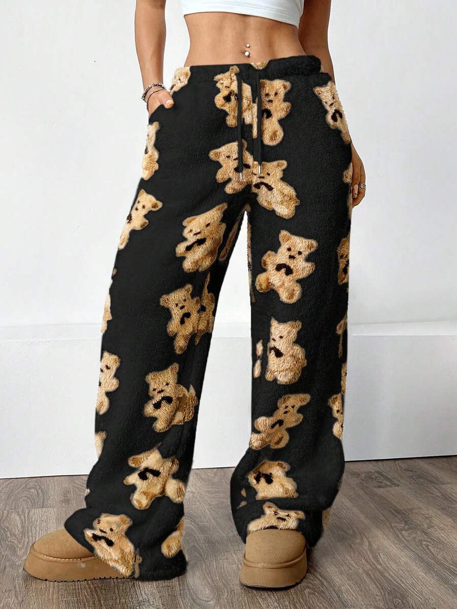 SHEIN EZwear Women's Plush Knitted Straight-Leg Lounge Pants - Black - View 1