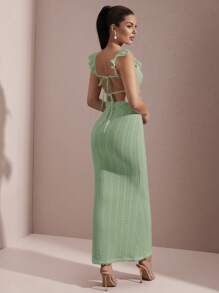 SHEIN BAE 镂空钩编纹理荷叶边露背系带夏季性感优雅鱼尾连衣裙 - 薄荷綠 - 查看 2