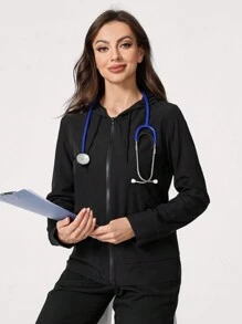 TaskEZ Top de uniforme médico con cremallera frontal de manga larga y capucha minimalista, pantalón informal de bolsillo doble, conjunto de enfermera, top de cuello redondo de uniforme médico, uniforme deportivo casual simple para limpieza