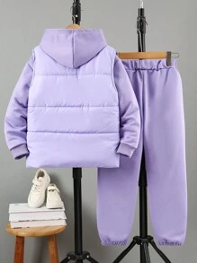 Sparklyn 3 件套 Tween 女童冬季纯色加垫背心、字母印花连帽运动衫和休闲裤套装 - 淡紫色 - 查看 2