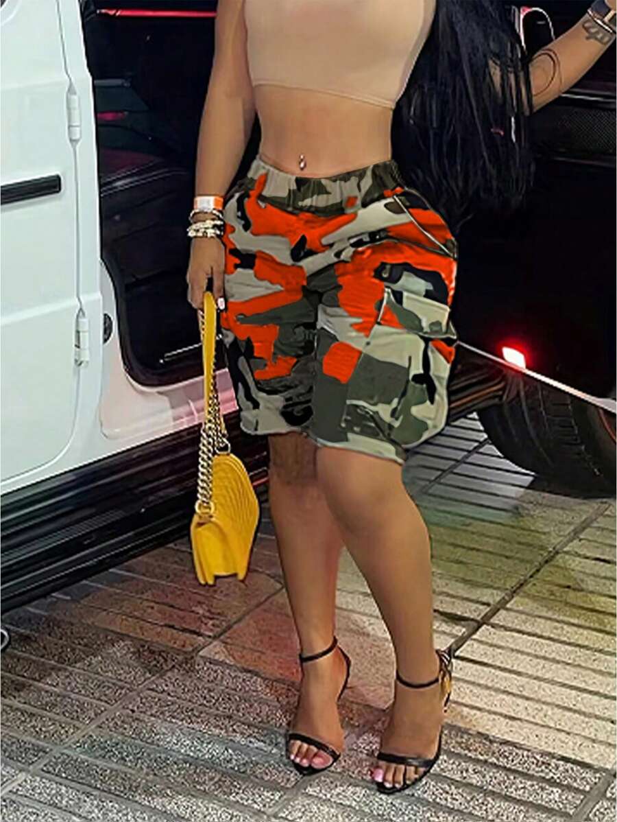 New Elastic Waist Camouflage Multi-Pocket Casual Shorts - Orange - View 1