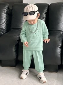 SHEIN Infant Boys 3D Embossed Smiling Face Long Sleeve Sweatshirt And Pants Set, Mint Green, Warm Casual Comfortable Outfit For Fall/Winter