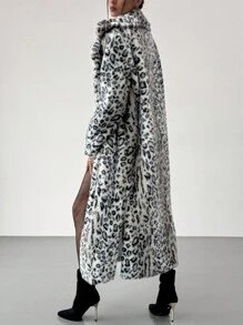 Aloruh Nuevo abrigo maxi esponjoso y cálido de estampado de leopardo sexy con cuello esponjoso, para otoño e invierno