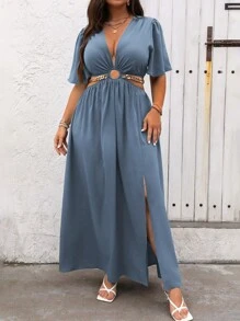 Breezaya Đầm Maxi Thanh Lịch Cổ Chữ V Sâu Tay Ngắn Xếp Ly Cho Kỳ Nghỉ Nữ Size Lớn - Màu xanh bụi bặm - Xem 3