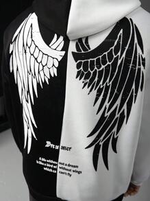 Manfinity LEGND Áo hoodie thường ngày cỡ lớn cho nam có in khẩu hiệu và hình cánh, dành cho mùa thu và mùa đông, áo hoodie dài tay họa tiết đi chơi dạo phố, quà tặng cho bạn bè, chồng, bạn trai - Đen và trắng - Xem 2
