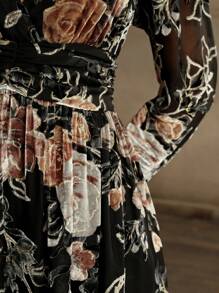 Anewsta Robe à ligne A avec taille plissée à imprimé floral romantique et élégante pour femmes - Multicolore - Voir 8